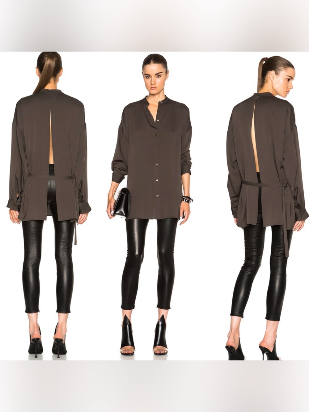 Helmut Lang Grey Brown Button-Front Tunic Blouse open back designer